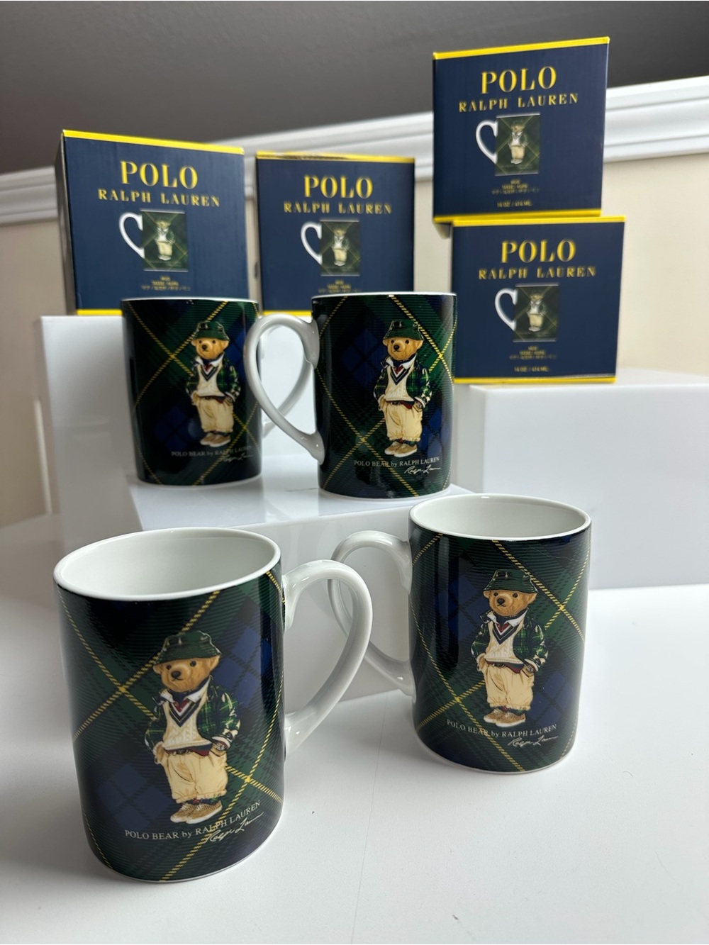 Ralph Lauren Highmoore Plaid Polo Bear Porcelain Coffee Mugs 14oz. NIB Set Of 4